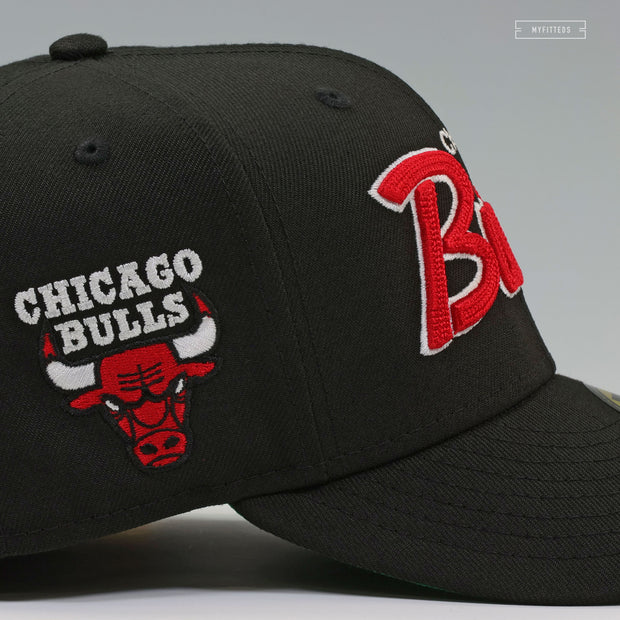 CHICAGO BULLS DROP NEEDLE CHAIN STITCHED '90'S RETRO SCRIPT NEW ERA FITTED CAP
