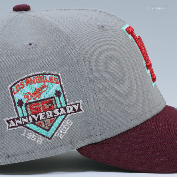LOS ANGELES DODGERS 50TH ANNIVERSARY "WOLF STORM GRAY INTENSE MAROON" NEW ERA FITTED CAP