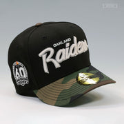 OAKLAND RAIDERS 60TH ANNIVERSARY RETRO SCRIPT GITD WOODLAND CAMO NEW ERA FITTED CAP