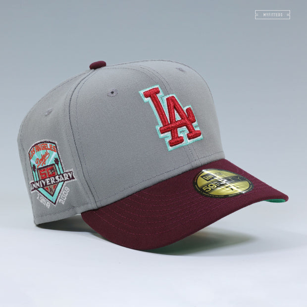 LOS ANGELES DODGERS 50TH ANNIVERSARY "WOLF STORM GRAY INTENSE MAROON" NEW ERA FITTED CAP