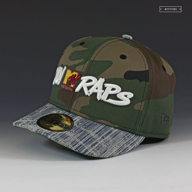 YO! MTV RAPS. THE BOOM BOX WOODLAND CAMO & DISTRESSED DENIM NEW ERA FITTED CAP