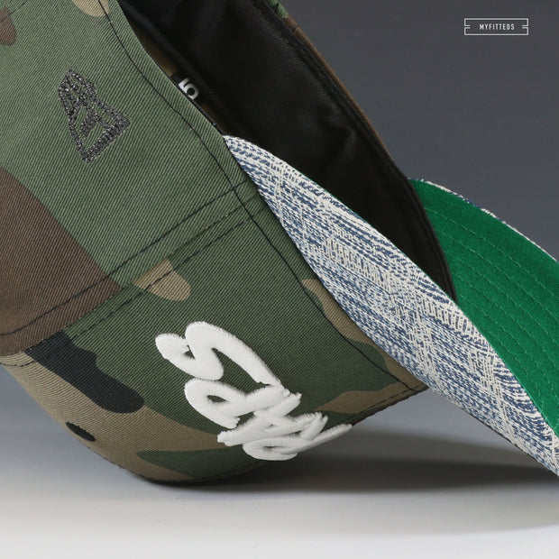 YO! MTV RAPS. THE BOOM BOX WOODLAND CAMO & DISTRESSED DENIM NEW ERA FITTED CAP