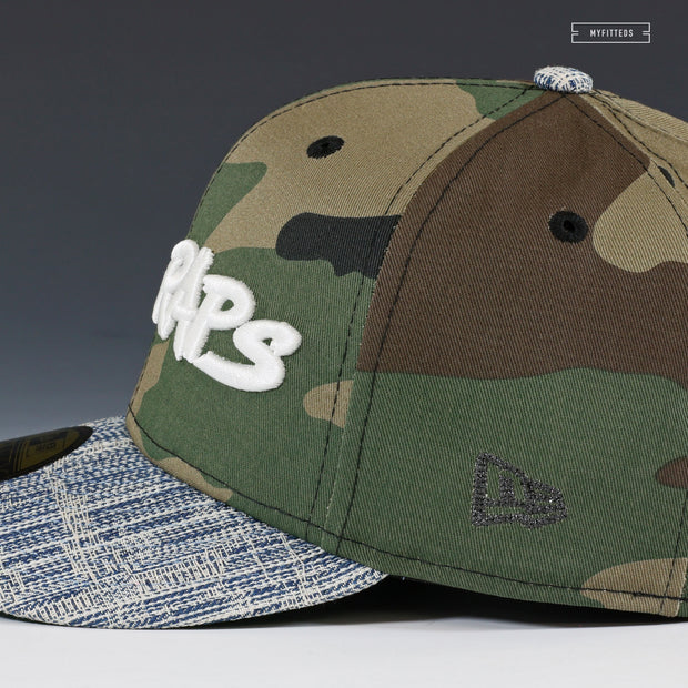 YO! MTV RAPS. THE BOOM BOX WOODLAND CAMO & DISTRESSED DENIM NEW ERA FITTED CAP