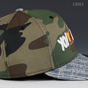 YO! MTV RAPS. THE BOOM BOX WOODLAND CAMO & DISTRESSED DENIM NEW ERA FITTED CAP