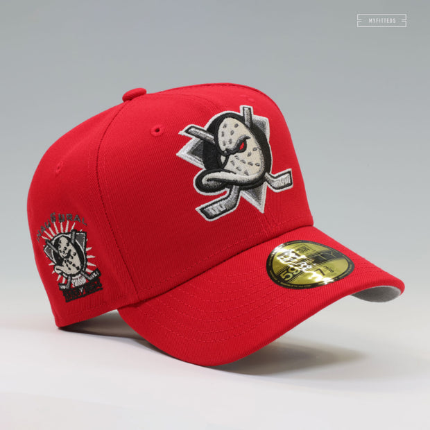 ANAHEIM MIGHTY DUCKS 1993 INAUGURAL SEASON SCARLET JET BLACK NEW ERA FITTED CAP