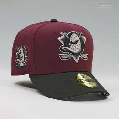 ANAHEIM MIGHTY DUCKS 1993 INAUGURAL SEASON INTENSE MAROON JET BLACK NEW ERA FITTED CAP