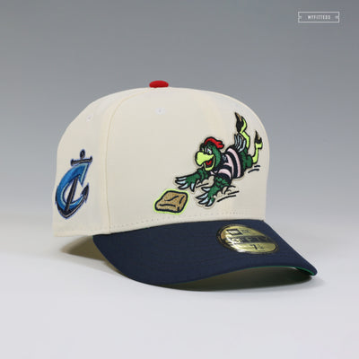 COLUMBUS CLIPPERS KRASH THE MASCOT SLIDING OFF WHITE NEW ERA FITTED CAP