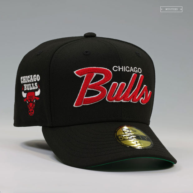 CHICAGO BULLS DROP NEEDLE CHAIN STITCHED '90'S RETRO SCRIPT NEW ERA FITTED CAP