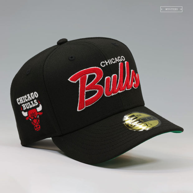 CHICAGO BULLS DROP NEEDLE CHAIN STITCHED '90'S RETRO SCRIPT NEW ERA FITTED CAP