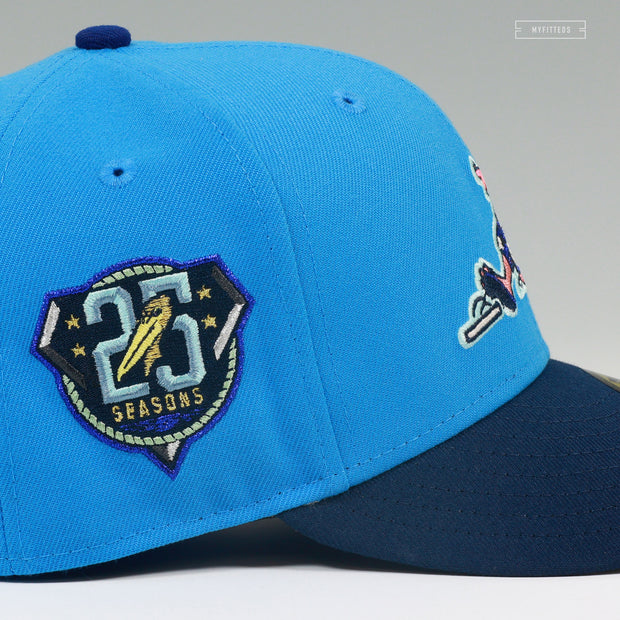 MYRTLE BEACH PELICANS 25TH ANNIVERSARY SPLASH MASCOT SLIDING NEW ERA FITTED CAP