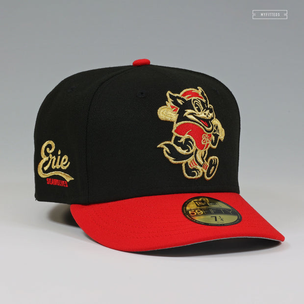 ERIE SEAWOLVES FAUXBACK JET BLACK RADIANT RED GOLDEN METALLIC NEW ERA FITTED CAP