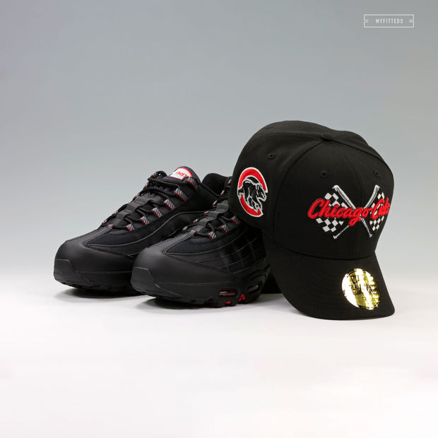 CHICAGO CUBS SPEEDWAY CLASSIC JET BLACK SCARLET AIR MAX 95 INSPIRED NEW ERA FITETD CAP