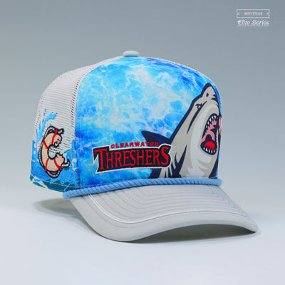 CLEARWATER THRESHERS JAWS UNIVERSAL STUDIOS TRUCKER MESH ELITE SERIES A-FRAME NEW ERA FITTED CAP