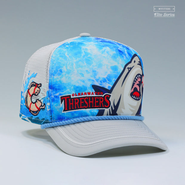 CLEARWATER THRESHERS JAWS UNIVERSAL STUDIOS TRUCKER MESH ELITE SERIES A-FRAME NEW ERA FITTED CAP