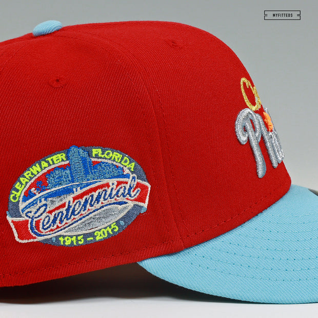 CLEARWATER PHILLIES CENTENNIAL SANGUINE RED DAYLIGHT NEW ERA FITTED CAP