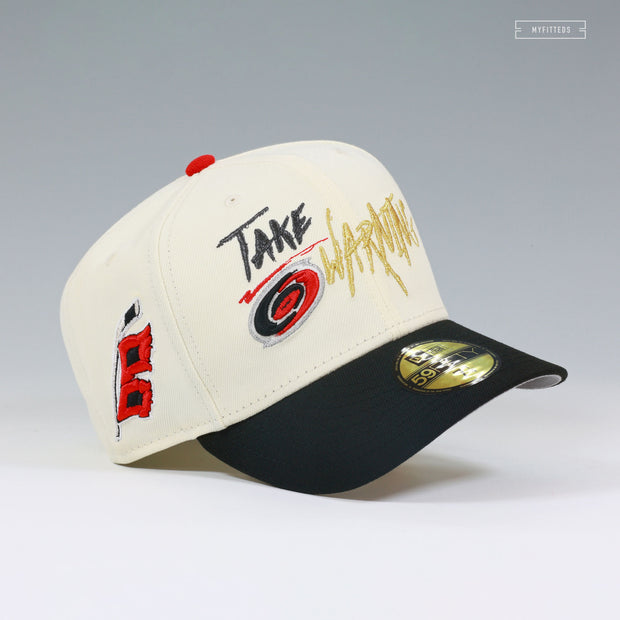 CAROLINA HURRICANES NHL TAKE WARNING OFF WHITE GITD NEW ERA FITTED CAP