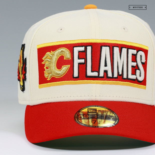 CALGARY FLAMES NHL OFF WHITE RADIANT RED GLOW IN THE DARK NEW ERA FITTED CAP