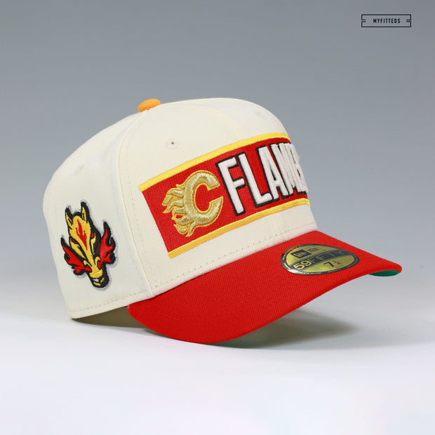 CALGARY FLAMES NHL OFF WHITE RADIANT RED GLOW IN THE DARK NEW ERA FITTED CAP