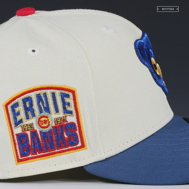 CHICAGO CUBS ERNIE BANKS MR. CUB OFF WHITE WEATHERED LOOK NEW ERA FITTED CAP