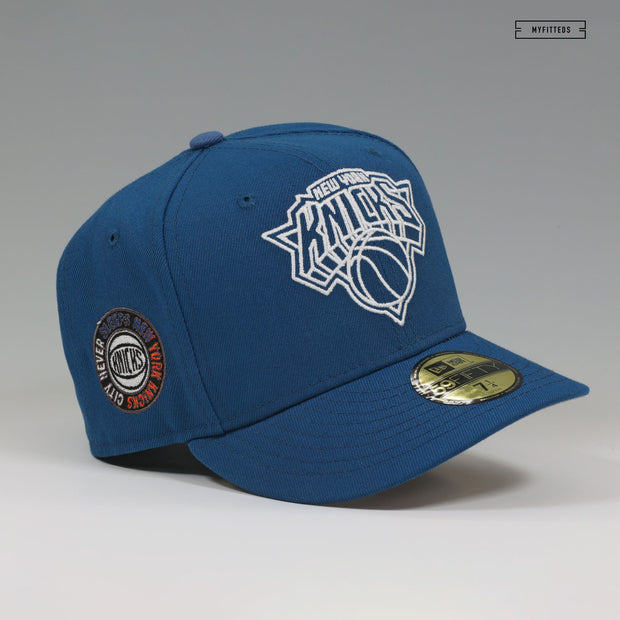 NEW YORK KNICKS THE CITY NEVER SLEEPS STENCIL WEATHERED LOOK NEW ERA FITTED CAP