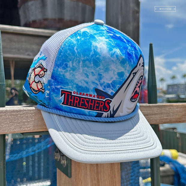 CLEARWATER THRESHERS JAWS UNIVERSAL STUDIOS TRUCKER MESH ELITE SERIES A-FRAME NEW ERA FITTED CAP