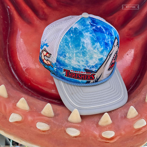 CLEARWATER THRESHERS JAWS UNIVERSAL STUDIOS TRUCKER MESH ELITE SERIES A-FRAME NEW ERA FITTED CAP