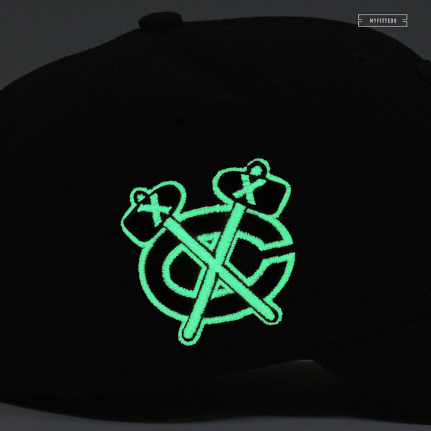 CHICAGO BLACKHAWKS CLASSIC JET BLACK AND GLOW IN THE DARK NEW ERA FITTED CAP