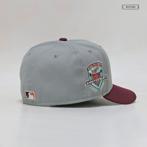 LOS ANGELES DODGERS 50TH ANNIVERSARY "WOLF STORM GRAY INTENSE MAROON" NEW ERA FITTED CAP